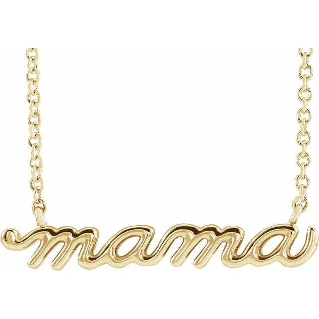 Petite Mama Script Necklace Solid 14K Yellow Gold 