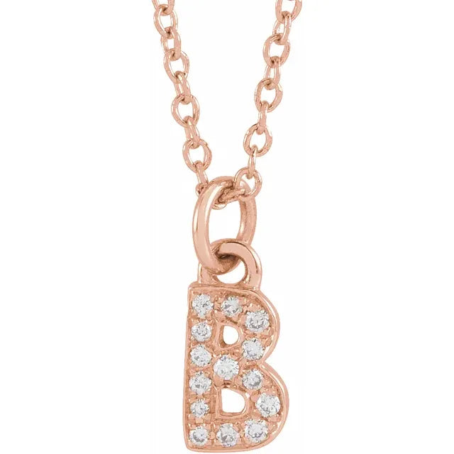 Petite Natural Diamond Initial Pendant Adjustable Necklace Initial B in 14K Rose Gold