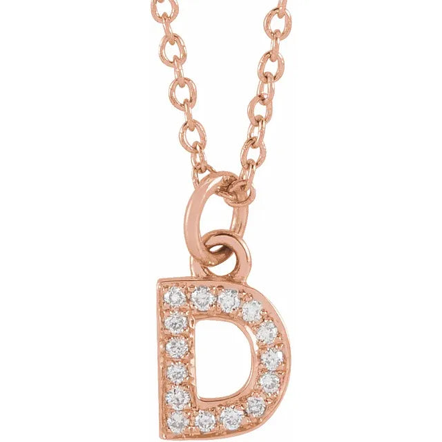 Petite Natural Diamond Initial Pendant Adjustable Necklace Initial D in 14K Rose Gold