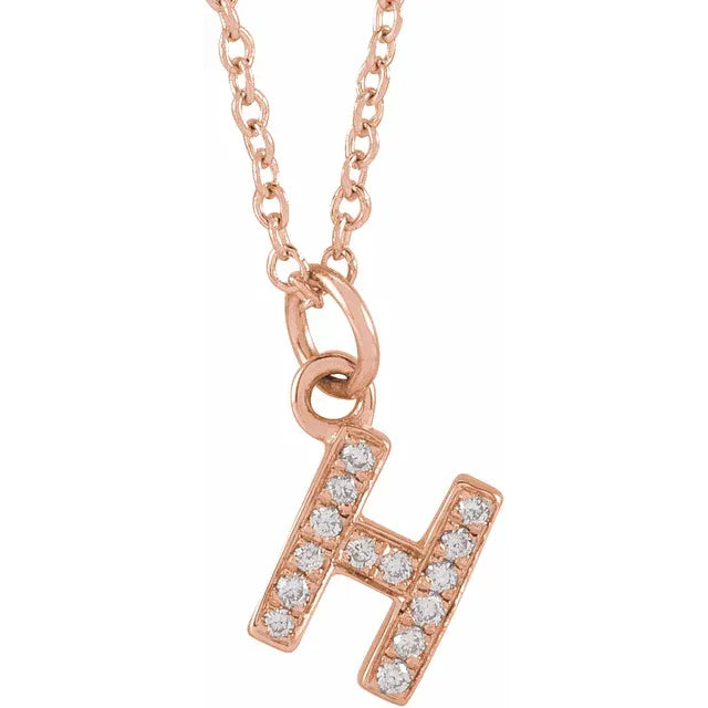 Petite Natural Diamond Initial Pendant Adjustable Necklace Initial H in 14K Rose Gold