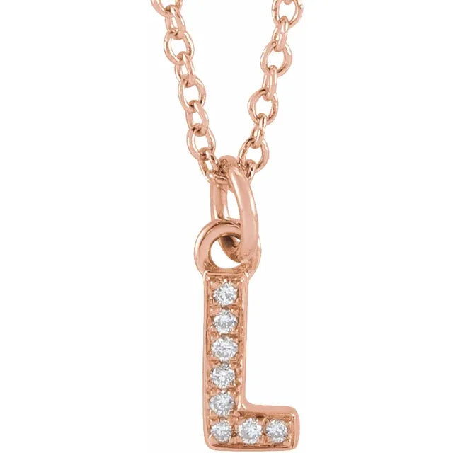 Petite Natural Diamond Initial Pendant Adjustable Necklace Initial L in 14K Rose Gold