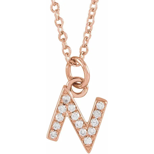 Petite Natural Diamond Initial Pendant Adjustable Necklace Initial N in 14K Rose Gold