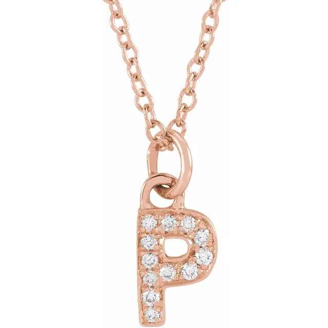 Petite Natural Diamond Initial Pendant Adjustable Necklace Initial P in 14K Rose Gold