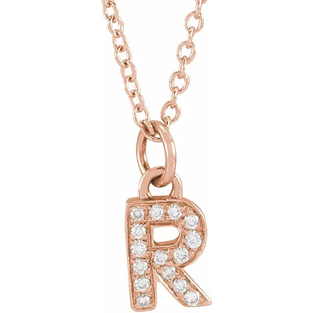 Petite Natural Diamond Initial Pendant Adjustable Necklace Initial R in 14K Rose Gold