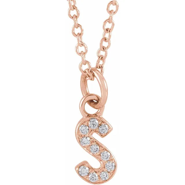 Petite Natural Diamond Initial Pendant Adjustable Necklace Initial S in 14K Rose Gold