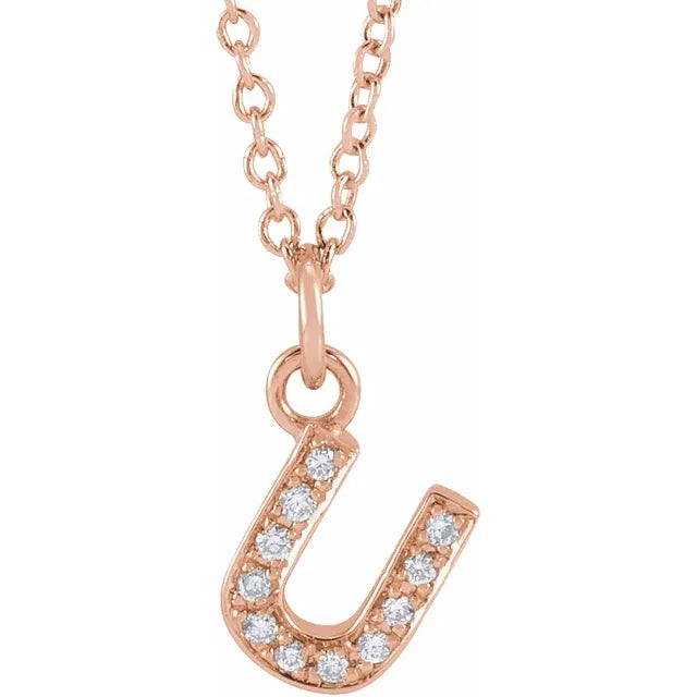 Petite Natural Diamond Initial Pendant Adjustable Necklace Initial U in 14K Rose Gold
