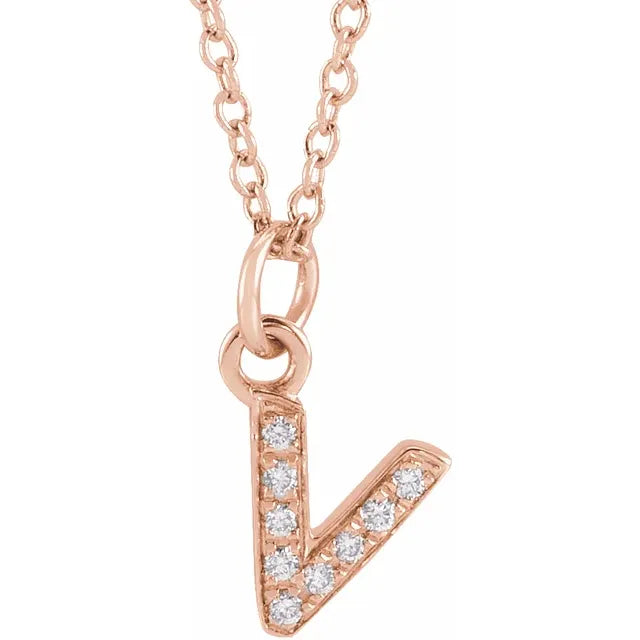 Petite Natural Diamond Initial Pendant Adjustable Necklace Initial V in 14K Rose Gold