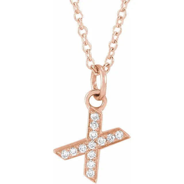 Petite Natural Diamond Initial Pendant Adjustable Necklace Initial X in 14K Rose Gold