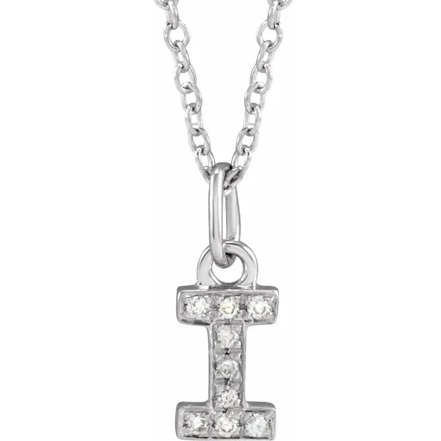 Petite Natural Diamond Initial Pendant Adjustable Necklace Initial I in 14K White Gold