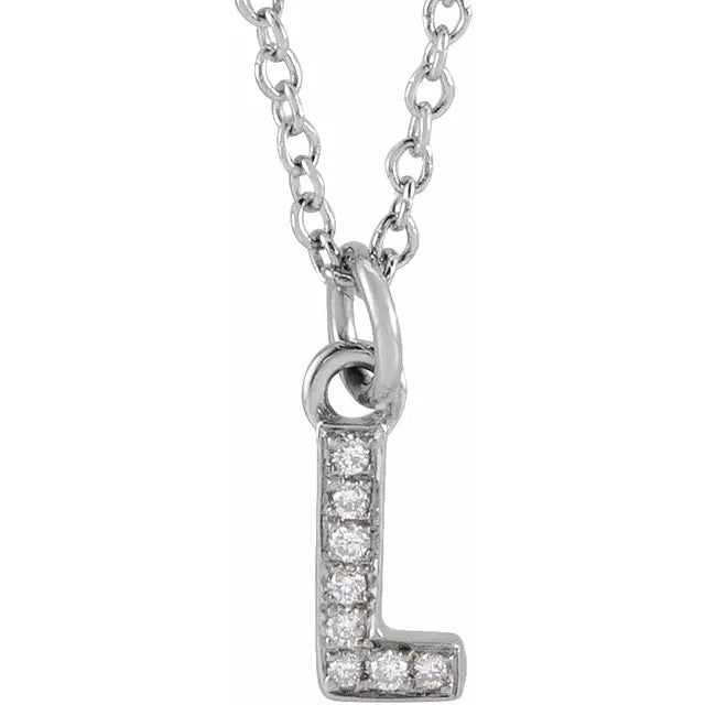 Petite Natural Diamond Initial Pendant Adjustable Necklace Initial L in 14K White Gold