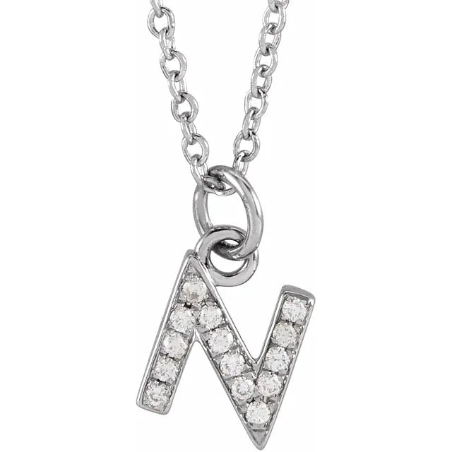 Petite Natural Diamond Initial Pendant Adjustable Necklace Initial N in 14K White Gold