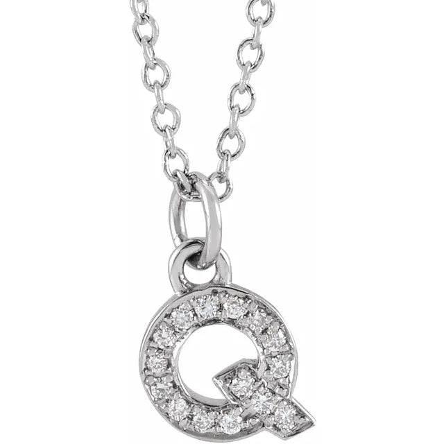 Petite Natural Diamond Initial Pendant Adjustable Necklace Initial Q in 14K White Gold