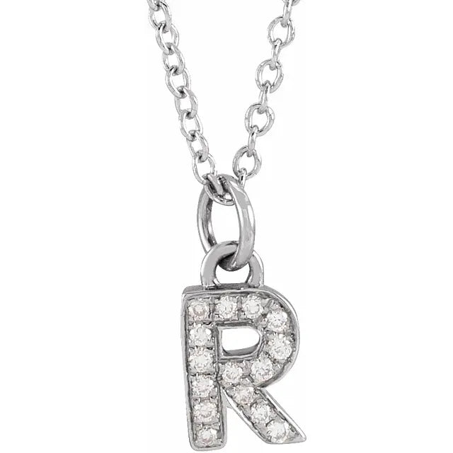 Petite Natural Diamond Initial Pendant Adjustable Necklace Initial R in 14K White Gold