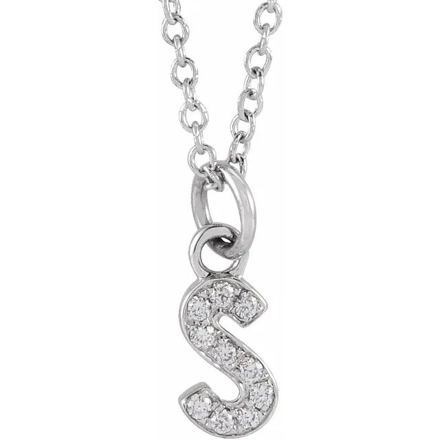 Petite Natural Diamond Initial Pendant Adjustable Necklace Initial S in 14K White Gold