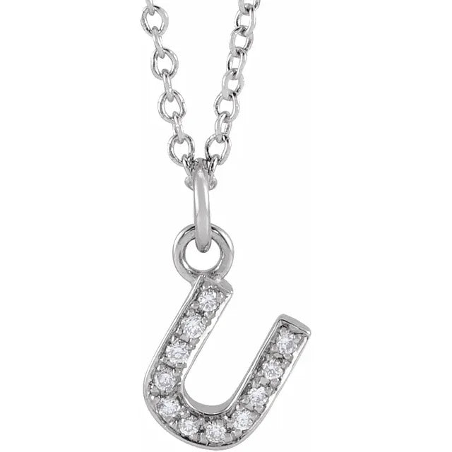 Petite Natural Diamond Initial Pendant Adjustable Necklace Initial U in 14K White Gold