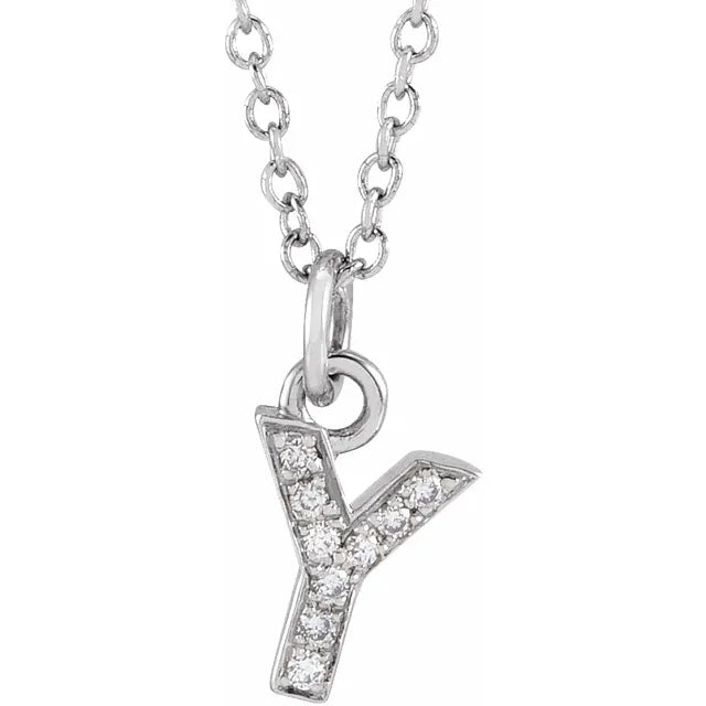 Petite Natural Diamond Initial Pendant Adjustable Necklace Initial Y in 14K White Gold