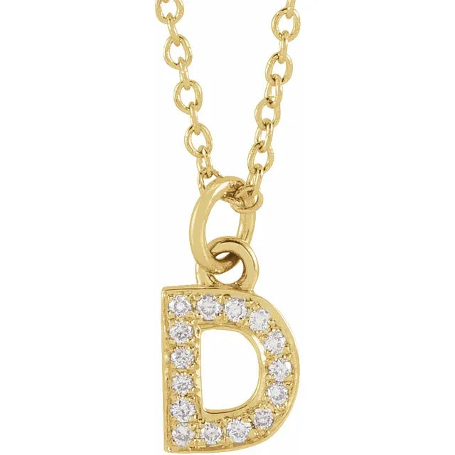 Petite Natural Diamond Initial Pendant Adjustable Necklace Initial D in 14K Yellow Gold