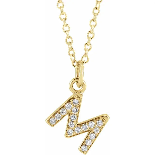 Petite Natural Diamond Initial Pendant Adjustable Necklace Initial M in 14K Yellow Gold