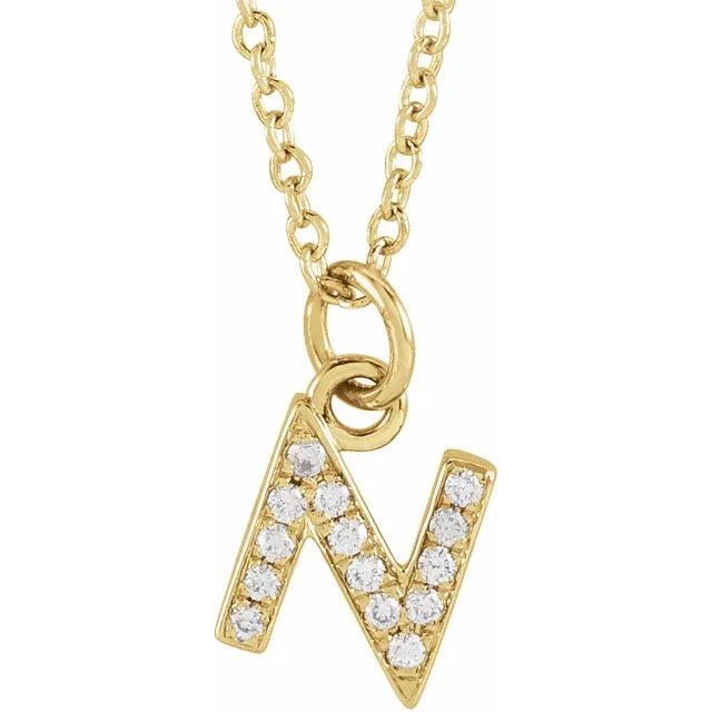 Petite Natural Diamond Initial Pendant Adjustable Necklace Initial N in 14K Yellow Gold