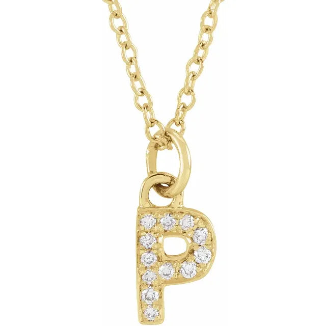 Petite Natural Diamond Initial Pendant Adjustable Necklace Initial P in 14K Yellow Gold