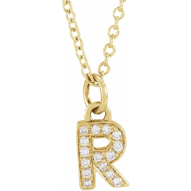 Petite Natural Diamond Initial Pendant Adjustable Necklace Initial R in 14K Yellow Gold