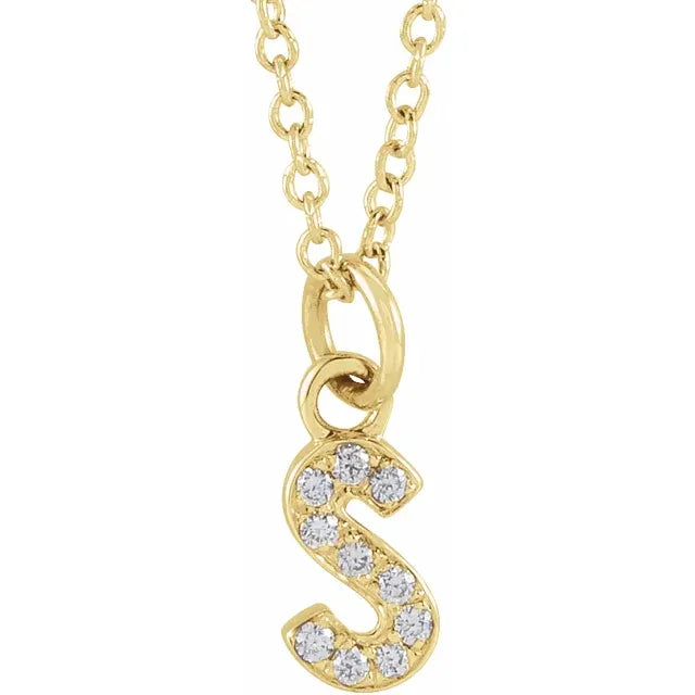 Petite Natural Diamond Initial Pendant Adjustable Necklace Initial S in 14K Yellow Gold