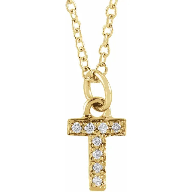 Petite Natural Diamond Initial Pendant Adjustable Necklace Initial T in 14K Yellow Gold