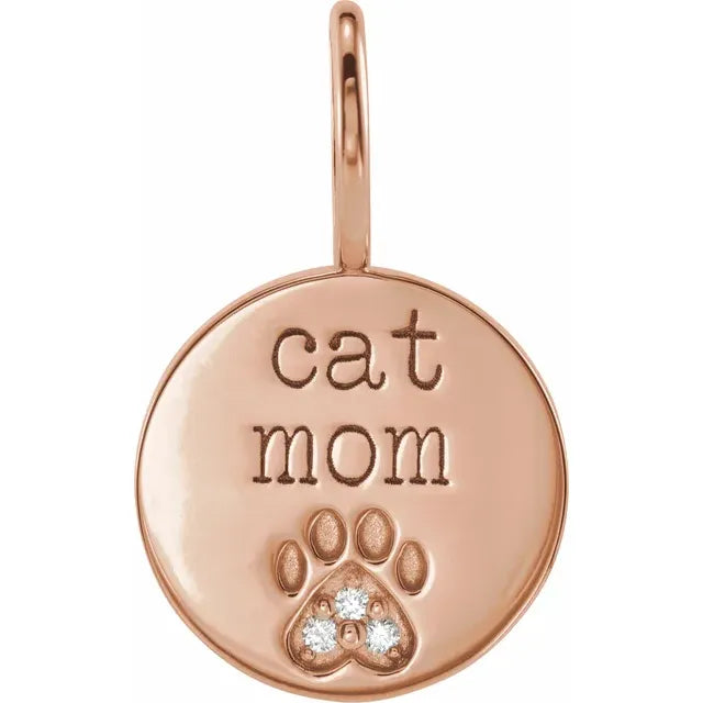Proud Cat Mom Diamond Engraved Paw Print Charm Pendant 14K Rose Gold 