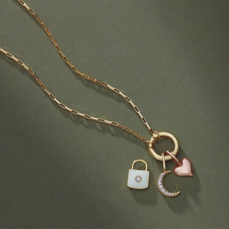 Puffy Heart Charm Pendant Solid 14K Rose Gold on Extender with Paperclip Chain