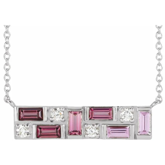 Pink Mosaic Natural Gemstone Sapphire Garnet Tourmaline Necklace in 14K White Gold 