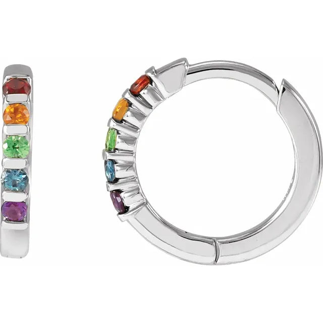 Rainbow Natural Gemstone Huggie Hoop Earrings 14K White Gold