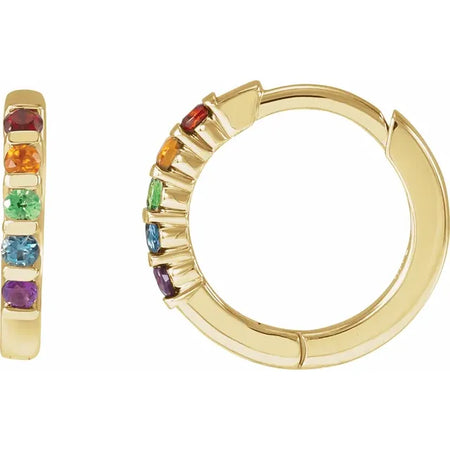 Rainbow Natural Gemstone Huggie Hoop Earrings 14K Yellow Gold
