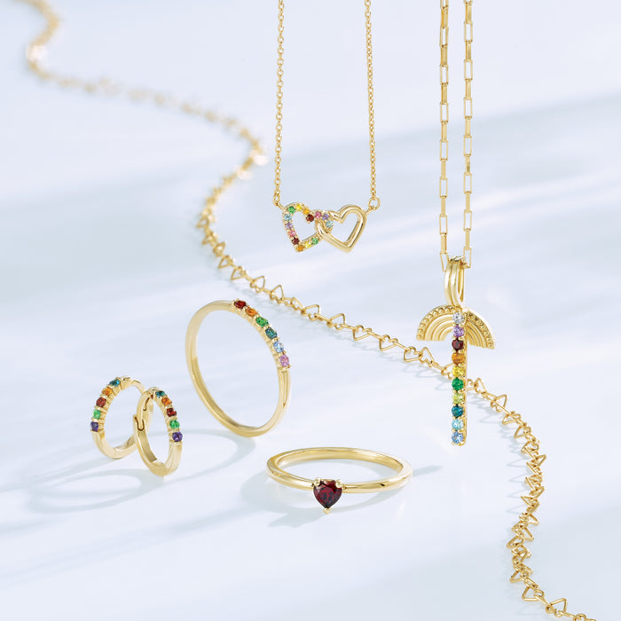 Natural Multi-Gemstone Interlocking Hearts 18" Necklace in 14K Yellow Gold