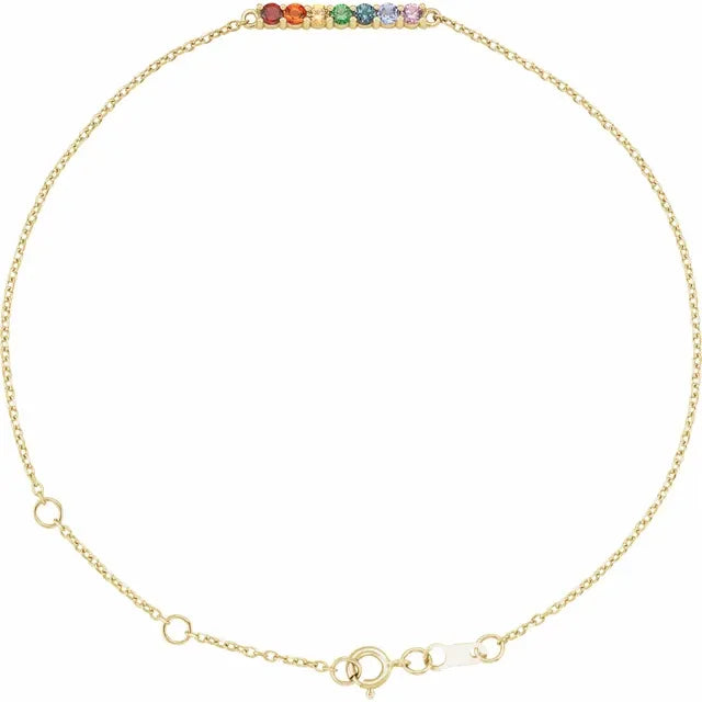 Rainbow Natural Multi-Gemstone Bar Bracelet Adjustable 6.5-7.5" 14K Yellow Gold 