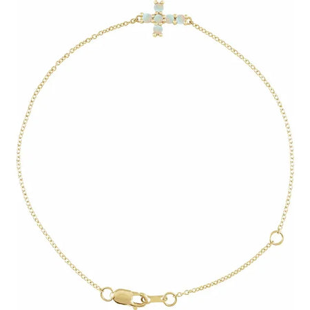 Sideways Cross Natural Opal Cabochon Bracelet in 14K Yellow Gold 