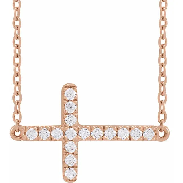 Sideways Cross Lab-Grown Diamond 1/6 CTW Adjustable Necklace in 14K Rose Gold