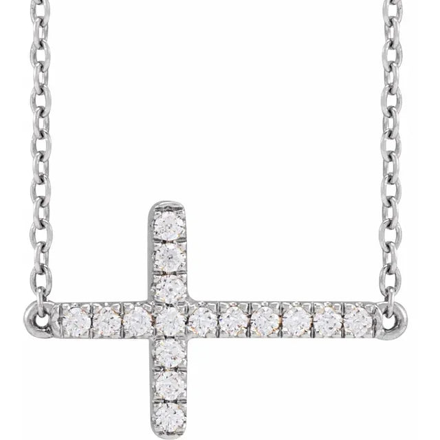 Sideways Cross Lab-Grown Diamond 1/6 CTW Adjustable Necklace in 14K White Gold