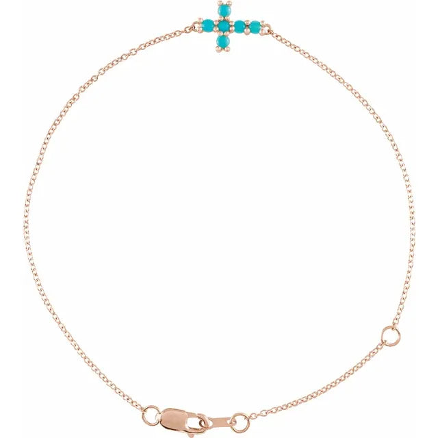 Sideways Cross Natural Turquoise Cabochon Bracelet in 14K Rose Gold 