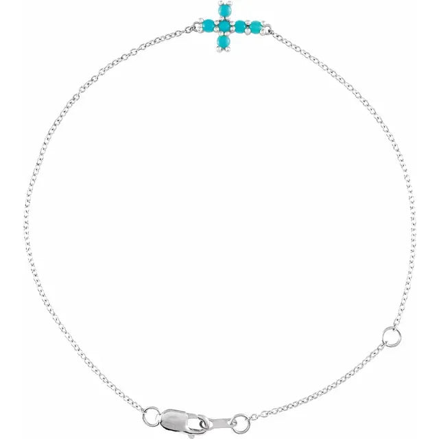Sideways Cross Natural Turquoise Cabochon Bracelet in 14K White Gold 