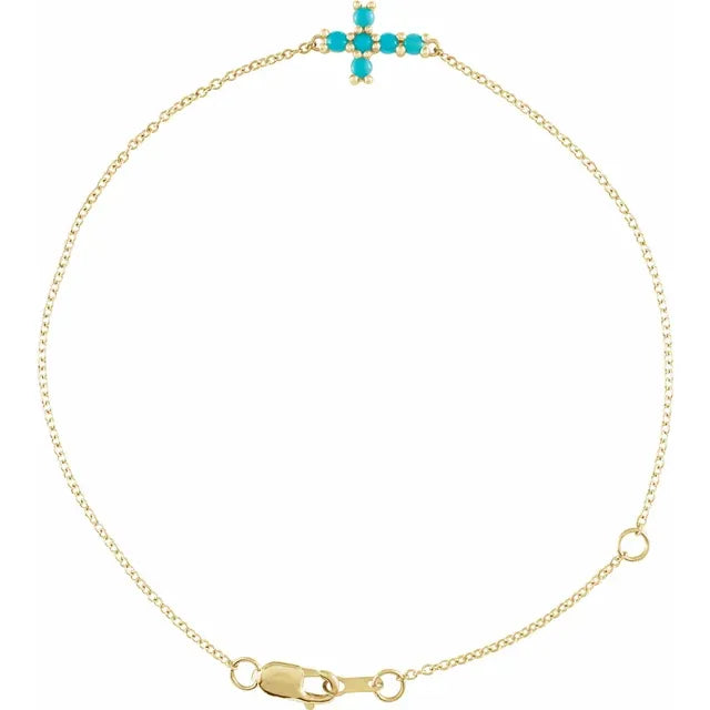 Sideways Cross Natural Turquoise Cabochon Bracelet in 14K Yellow Gold 
