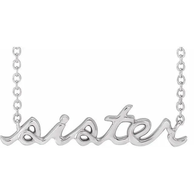 Sister Script 18" Necklace in Solid 14K White Gold or Sterling Silver