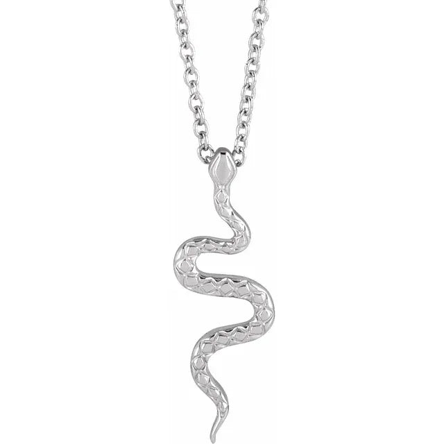 Snake Charm Pendant Necklace in Solid 14K White Gold or Sterling Silver 