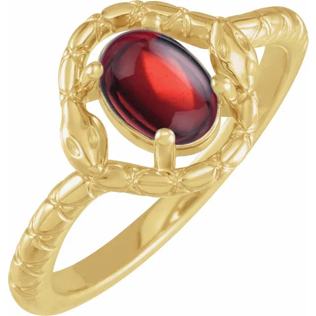 Double Snake Natural Mozambique Garnet Egg Ring in Solid 14K Yellow Gold 