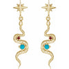 Celestial Dangle Snake Natural Turquoise Ruby Earrings in 14K Yellow Gold