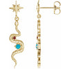 Celestial Dangle Snake Natural Turquoise Ruby Earrings in 14K Yellow Gold