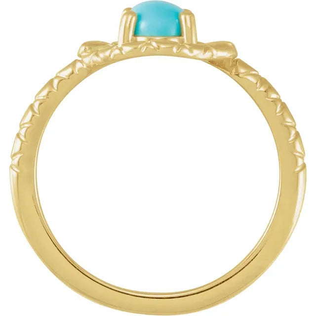 Double Snake Natural Turquoise Egg Ring in Solid 14K Yellow Gold 