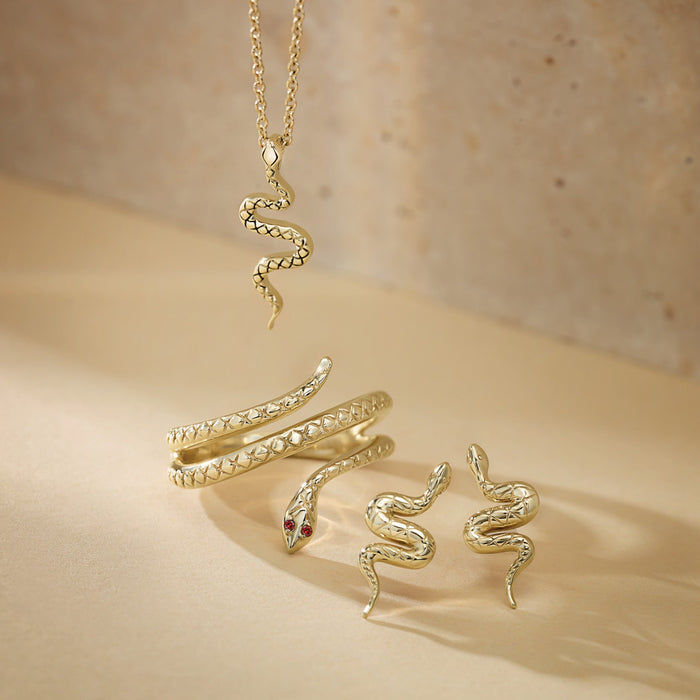 Snake Charm Pendant in Solid 14K Yellow Gold With Snake Ring and Earrings 