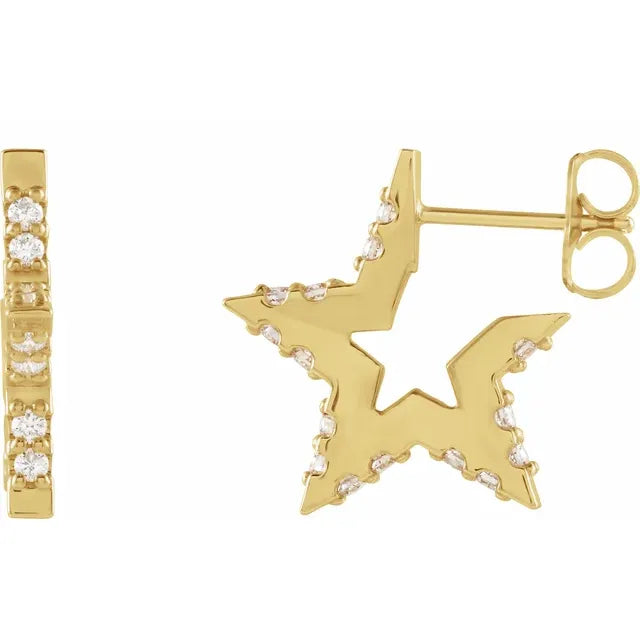 Star Natural Diamond Hoop Earrings 14K Yellow Gold