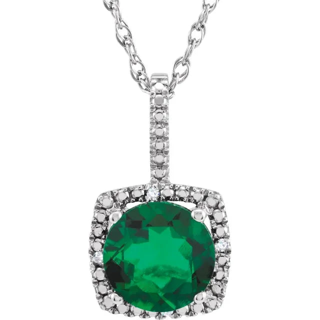 Statement Birthstone Lab-Grown Emerald & Diamond Halo Sterling Silver Necklace
