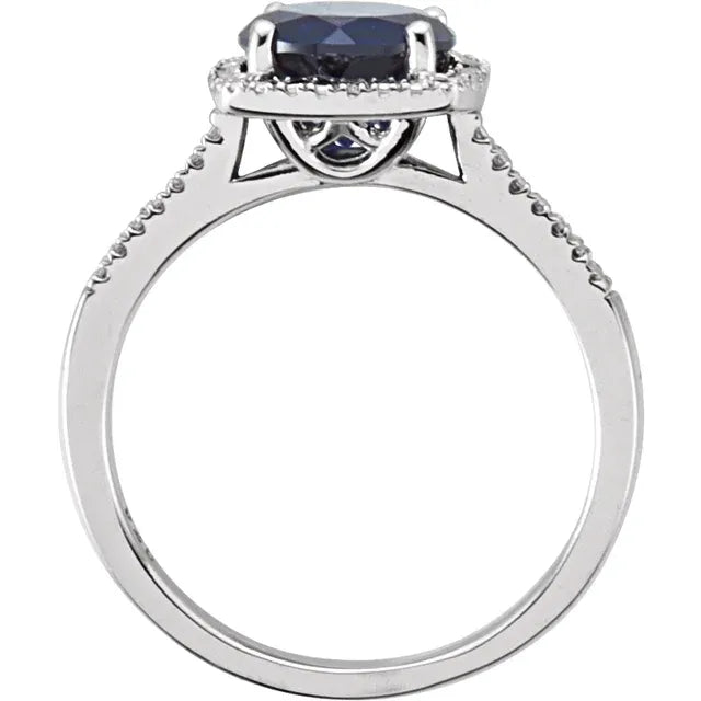 Statement Birthstone Lab-Grown Blue Sapphire Diamond Halo Sterling Silver Ring